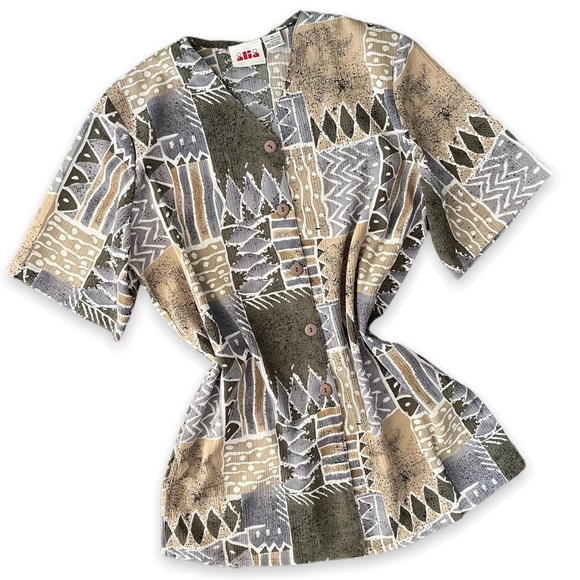 Vintage Boho Aztec Abstract Patterns Button Down Blouse Shirt - Picture 2 of 10